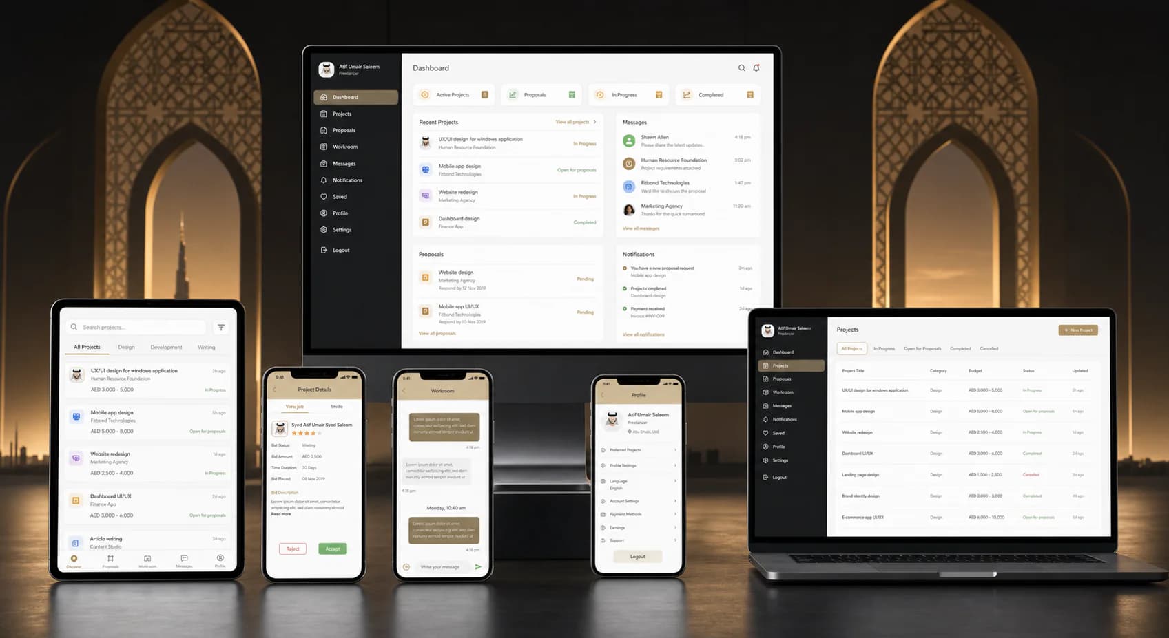 AE Freelancer marketplace dashboard and mobile workflows presented across desktop, laptop, tablet, and phones AE Freelancer marketplace dashboard and mobile workflows presented across desktop, laptop, tablet, and phones
