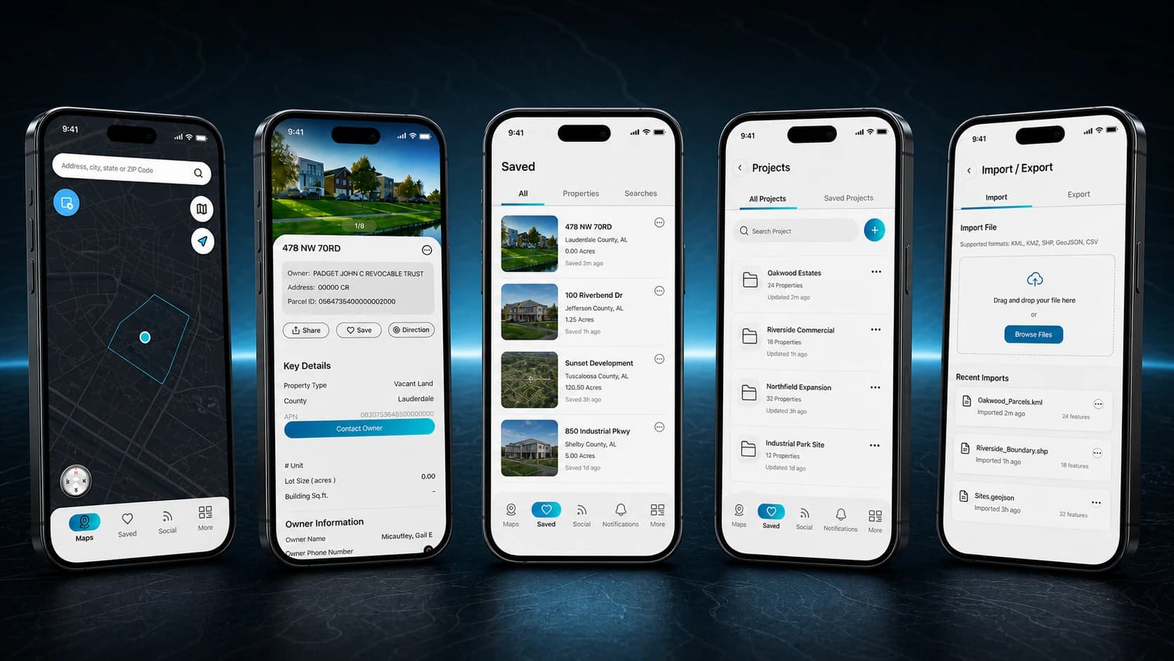 Aerial feature showcase covering parcel search, property records, saved properties, projects, and file exchange Aerial feature showcase covering parcel search, property records, saved properties, projects, and file exchange