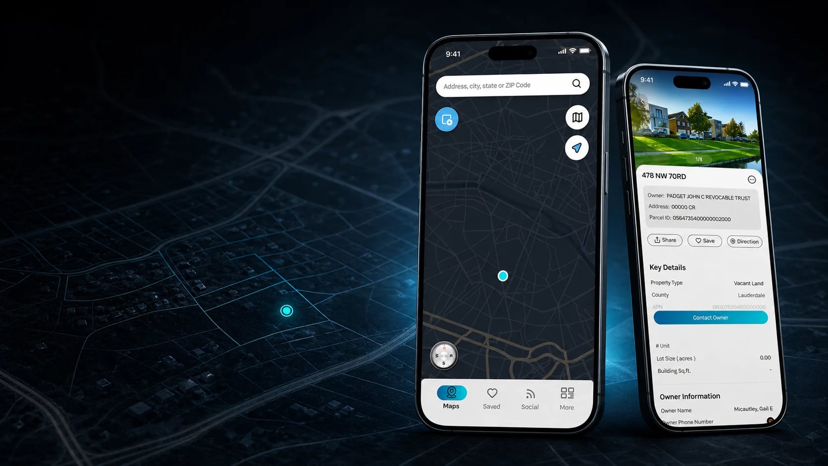 Aerial parcel intelligence map and property details displayed on two mobile devices over a dark geospatial landscape Aerial parcel intelligence map and property details displayed on two mobile devices over a dark geospatial landscape
