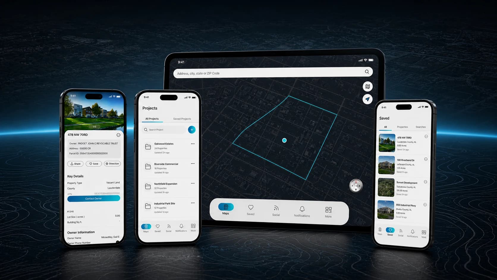 Aerial map, project, property details, and saved parcel experiences presented across a tablet and mobile devices Aerial map, project, property details, and saved parcel experiences presented across a tablet and mobile devices