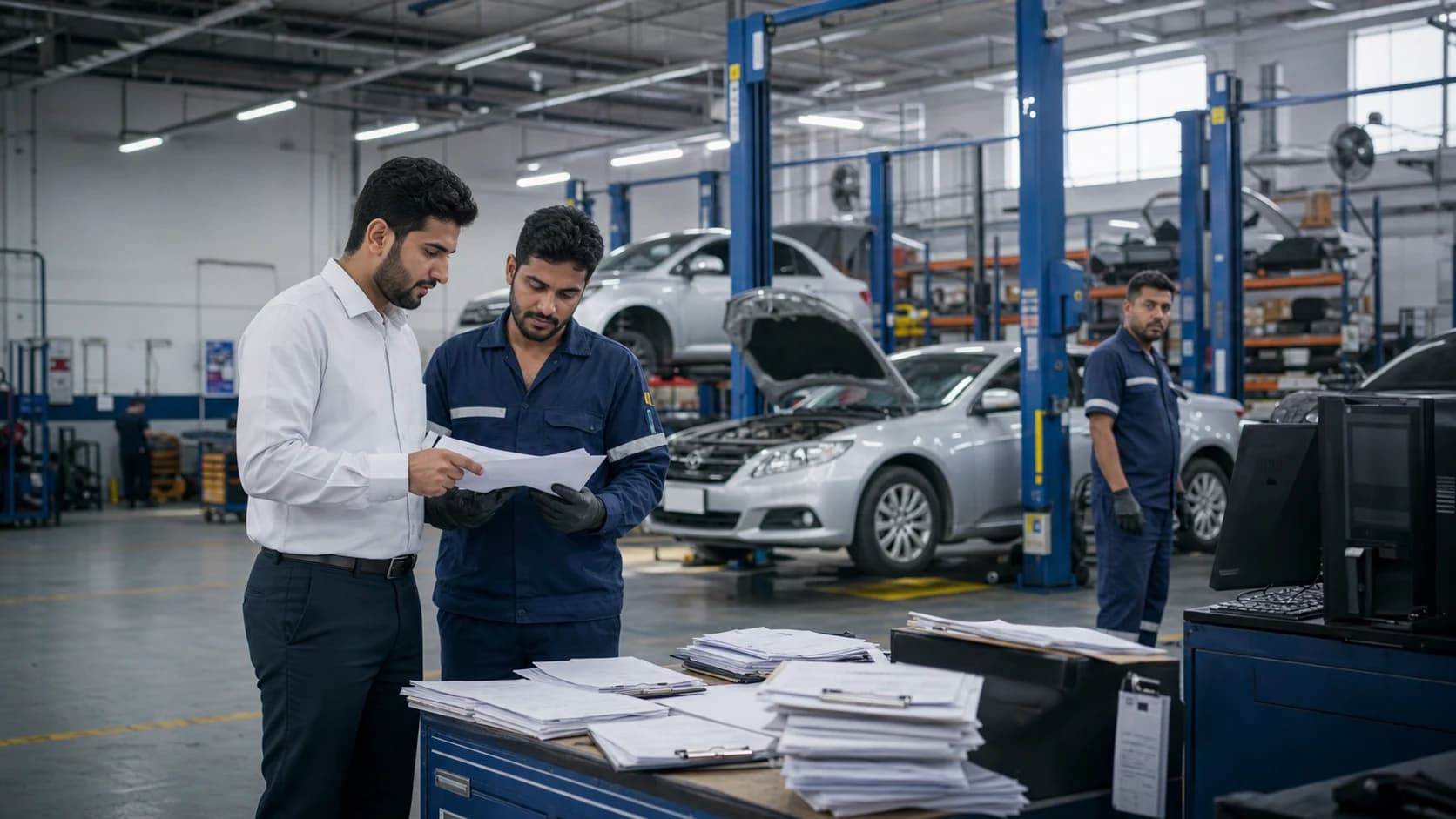 Service advisor and technician coordinating paper-based workshop job cards Service advisor and technician coordinating paper-based workshop job cards
