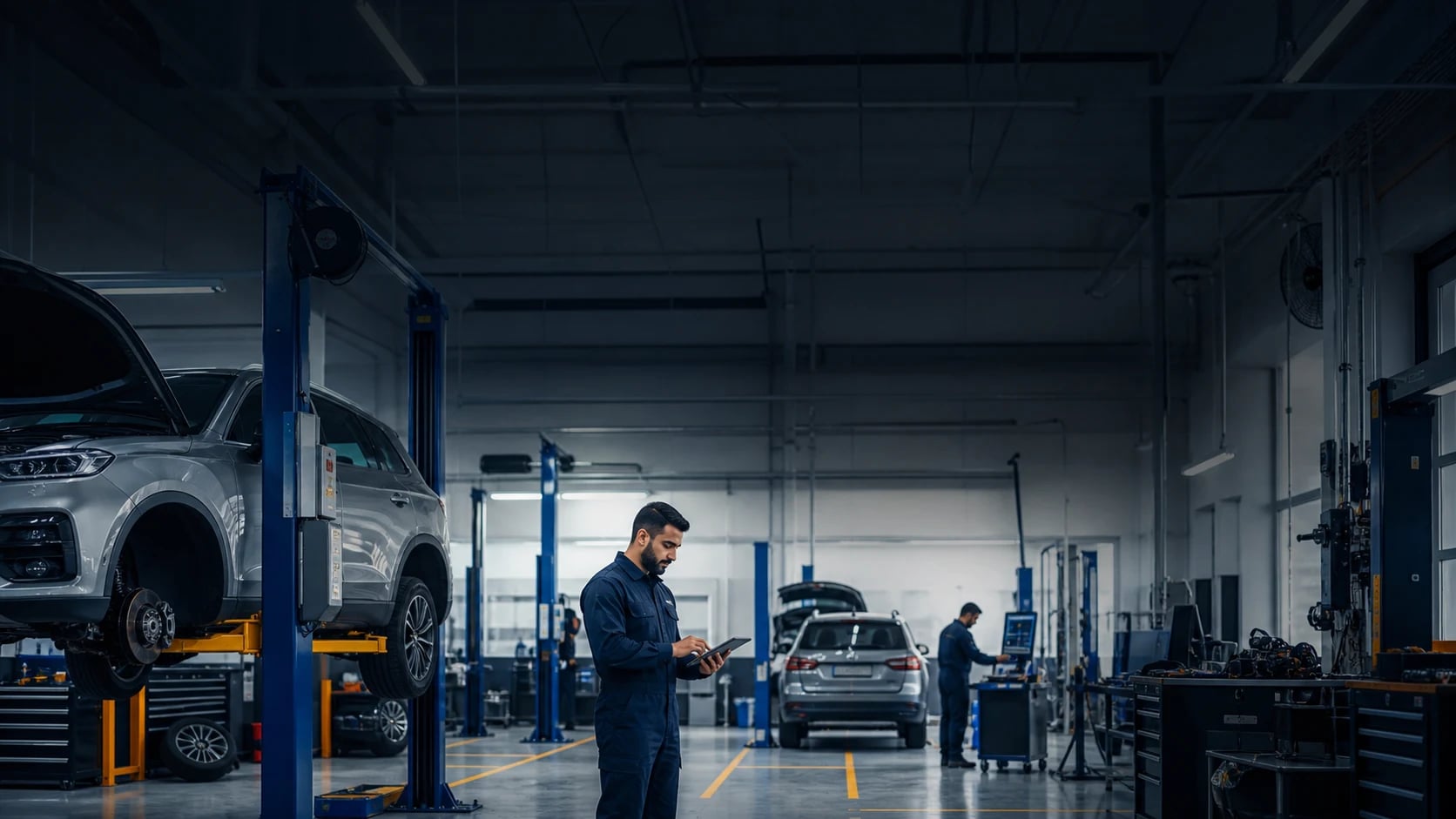 Technician using the Al Naboodah workshop automation platform in a modern automotive service center Technician using the Al Naboodah workshop automation platform in a modern automotive service center