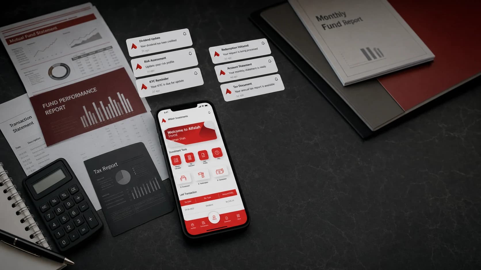 Fragmented fund reports, statements, alerts, and calculations surrounding an investment app Fragmented fund reports, statements, alerts, and calculations surrounding an investment app