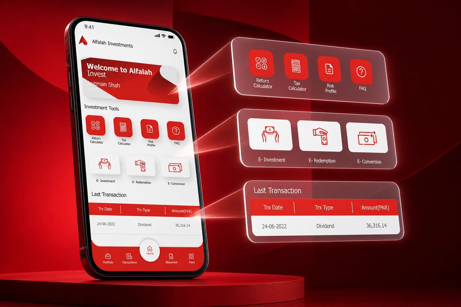 Alfalah Investments calculators, risk profile, digital transactions, and recent activity feature showcase Alfalah Investments calculators, risk profile, digital transactions, and recent activity feature showcase