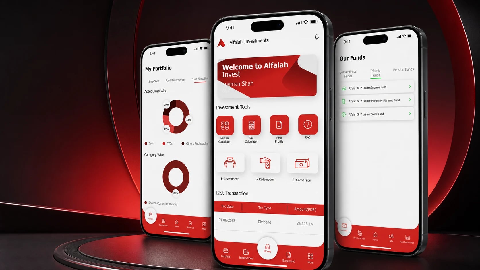 Alfalah Investments mobile app presented across three premium smartphones Alfalah Investments mobile app presented across three premium smartphones