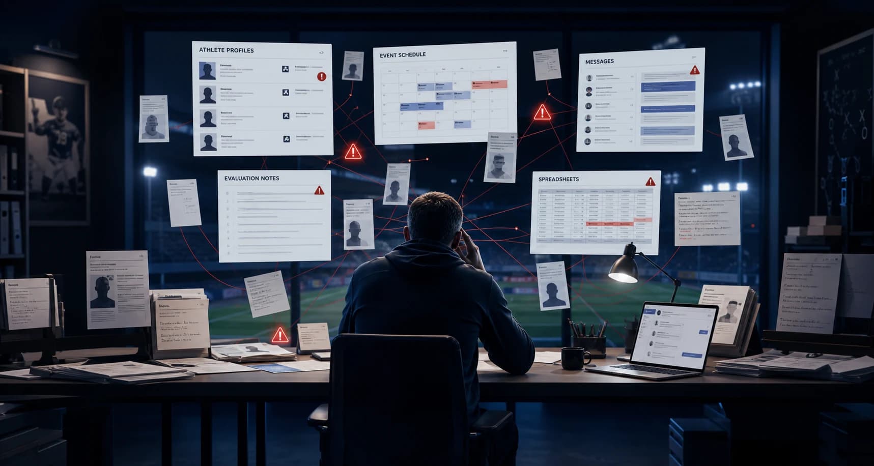 Coach working across disconnected athlete profiles, schedules, messages, notes, and spreadsheets Coach working across disconnected athlete profiles, schedules, messages, notes, and spreadsheets