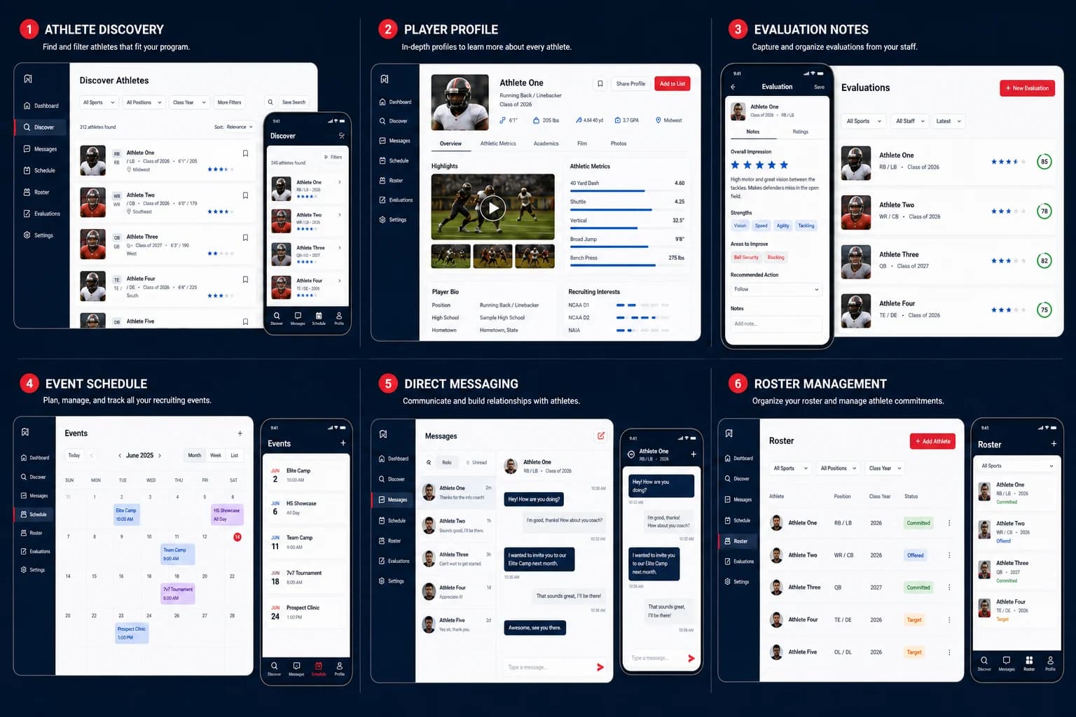 AthletesOnCall feature showcase covering discovery, player profiles, evaluations, events, messaging, and roster management AthletesOnCall feature showcase covering discovery, player profiles, evaluations, events, messaging, and roster management