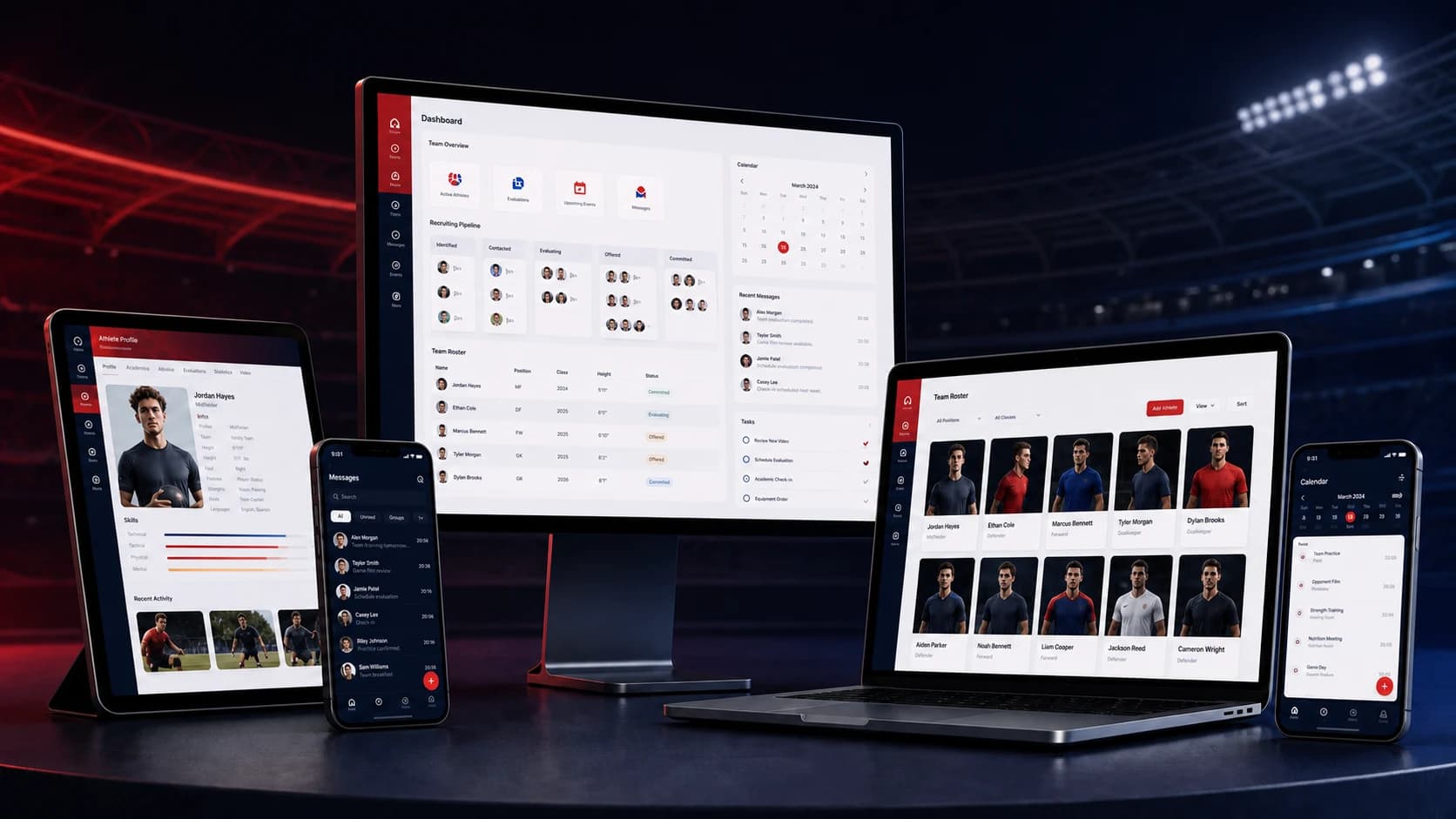 AthletesOnCall product ecosystem presented across desktop, laptop, tablet, and mobile devices AthletesOnCall product ecosystem presented across desktop, laptop, tablet, and mobile devices