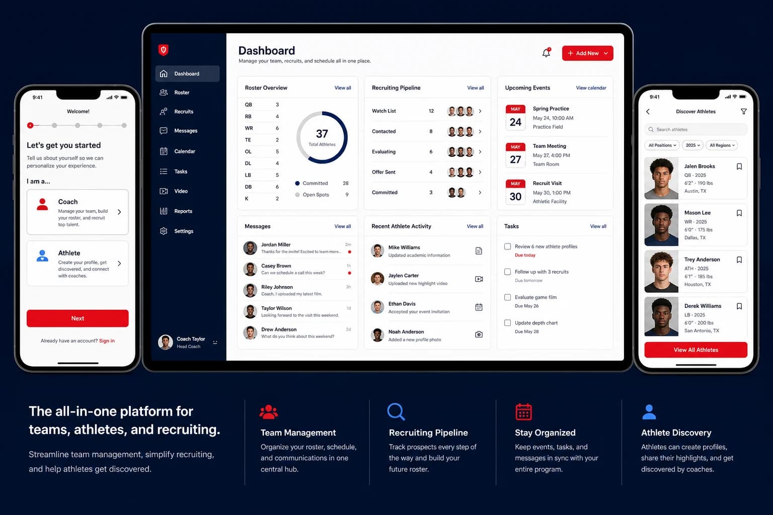 AthletesOnCall desktop dashboard between coach onboarding and athlete discovery mobile screens AthletesOnCall desktop dashboard between coach onboarding and athlete discovery mobile screens