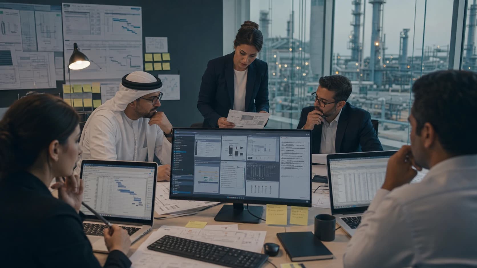 Enterprise project team comparing fragmented programme plans, reports, and document sources Enterprise project team comparing fragmented programme plans, reports, and document sources