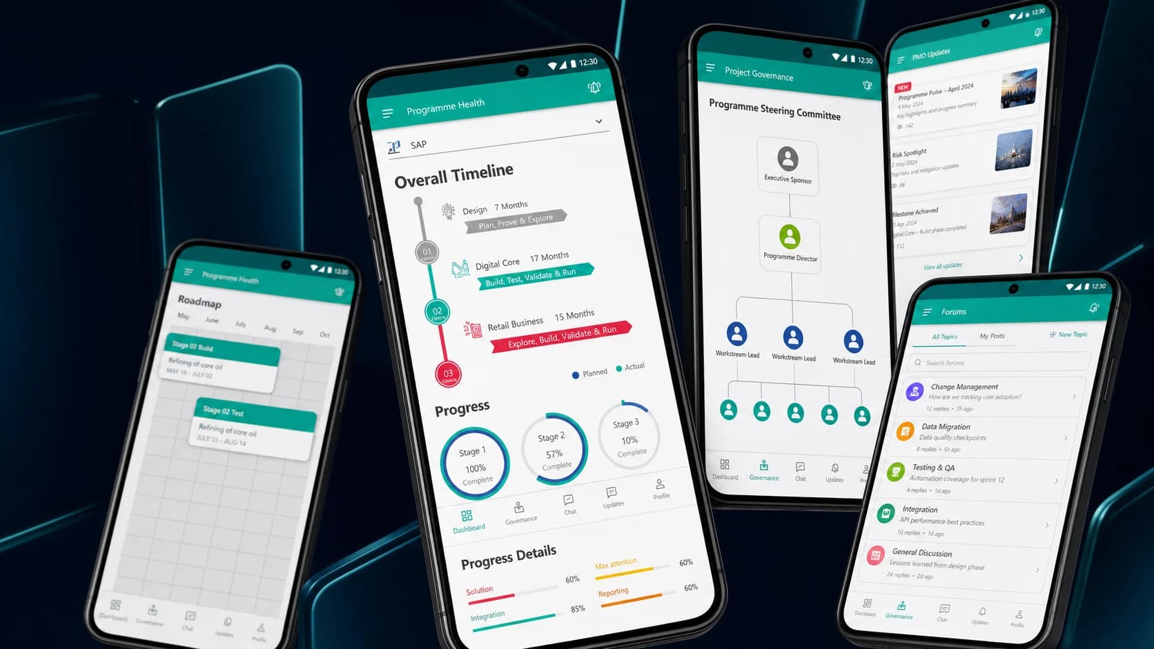 MASAR feature showcase with programme health, roadmap, governance, forums, and PMO update screens MASAR feature showcase with programme health, roadmap, governance, forums, and PMO update screens