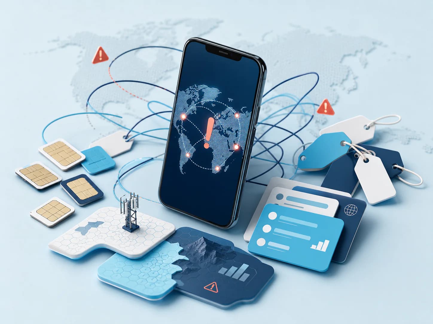 Travel connectivity challenges represented by physical SIM cards, fragmented pricing, and uncertain global coverage Travel connectivity challenges represented by physical SIM cards, fragmented pricing, and uncertain global coverage