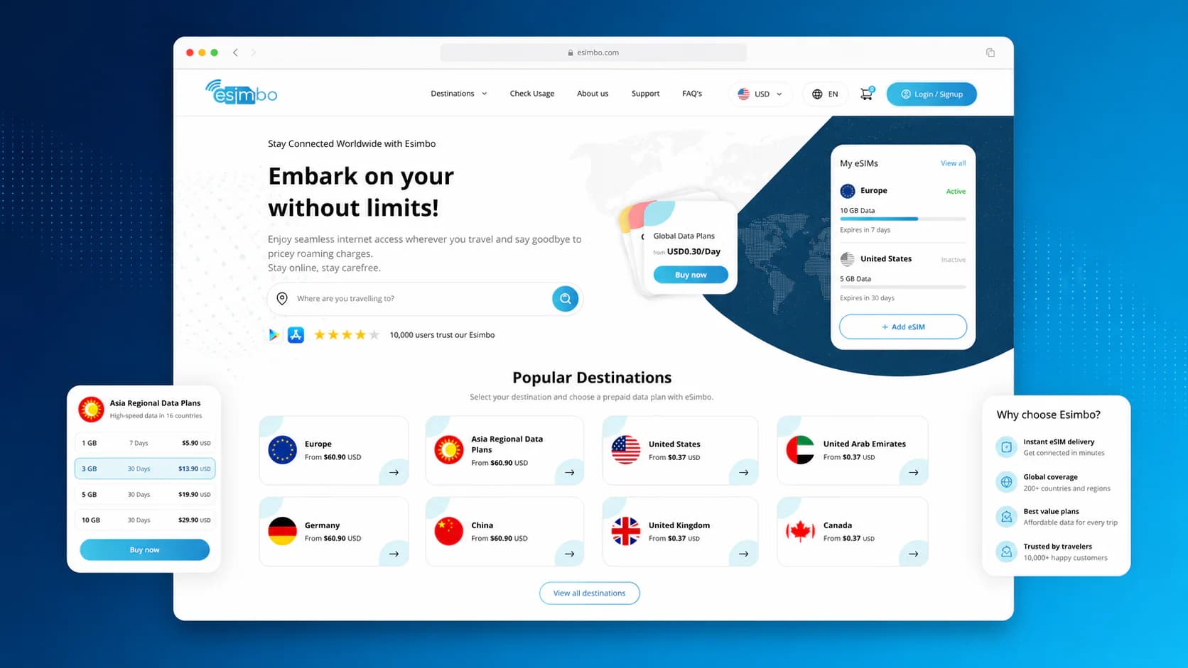 Esimbo product overview with destination search, regional plans, active eSIMs, and product benefits Esimbo product overview with destination search, regional plans, active eSIMs, and product benefits
