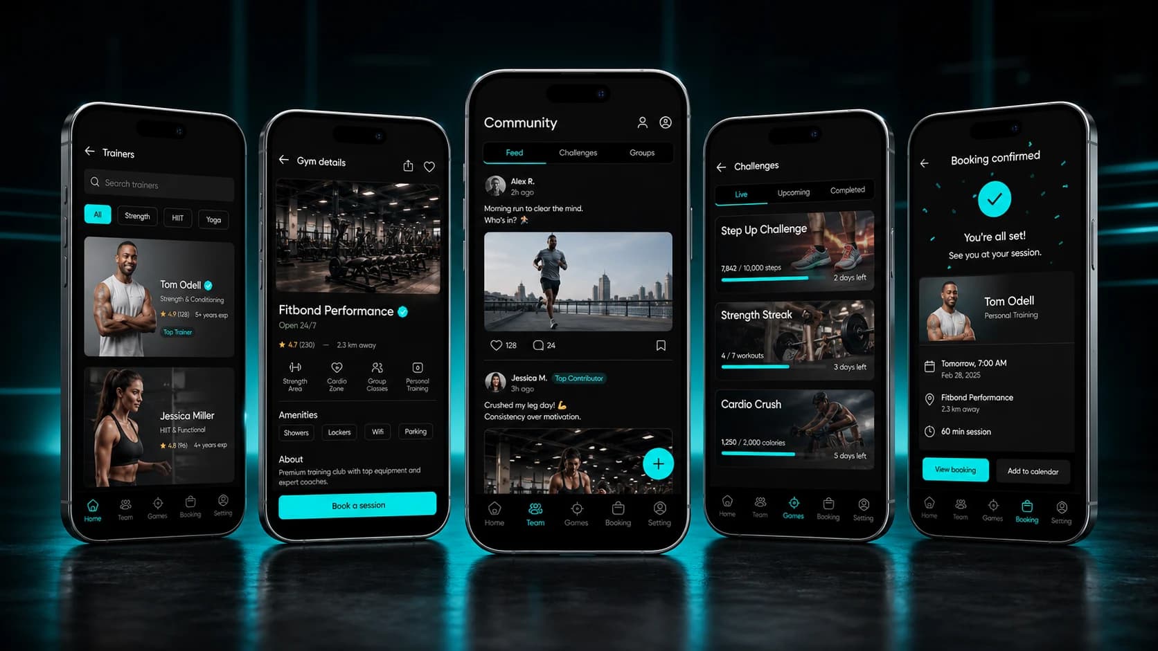 Fitbond trainer, gym, community, challenge, and booking features across five mobile screens Fitbond trainer, gym, community, challenge, and booking features across five mobile screens
