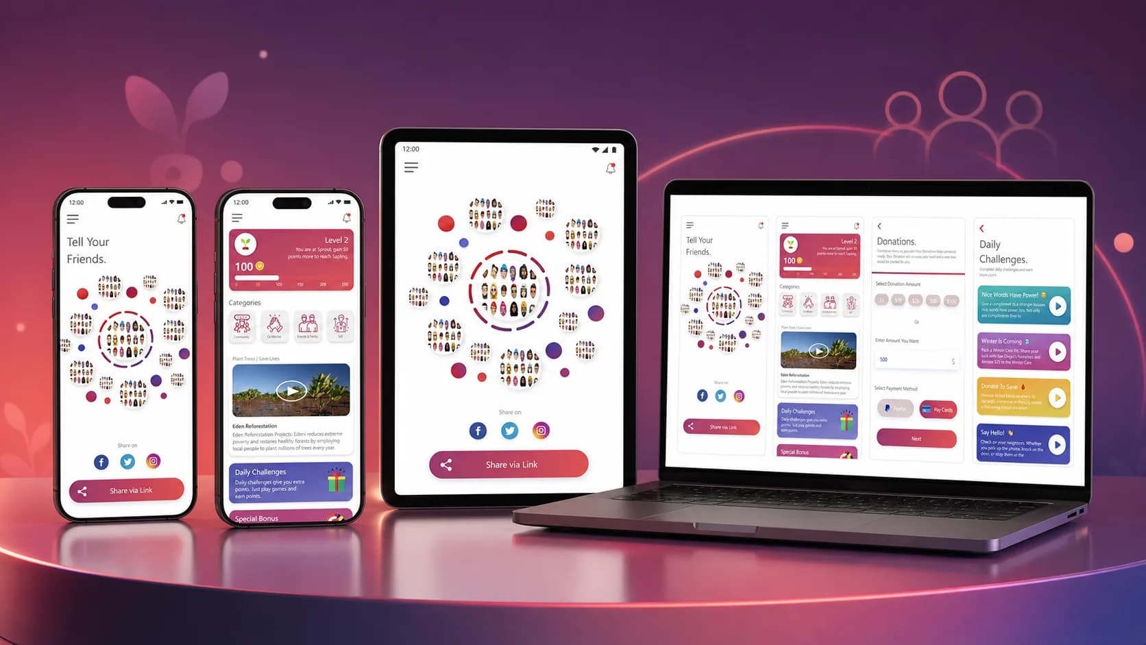 AOK invitations, level progress, donations, and daily challenges presented across phones, tablet, and laptop AOK invitations, level progress, donations, and daily challenges presented across phones, tablet, and laptop