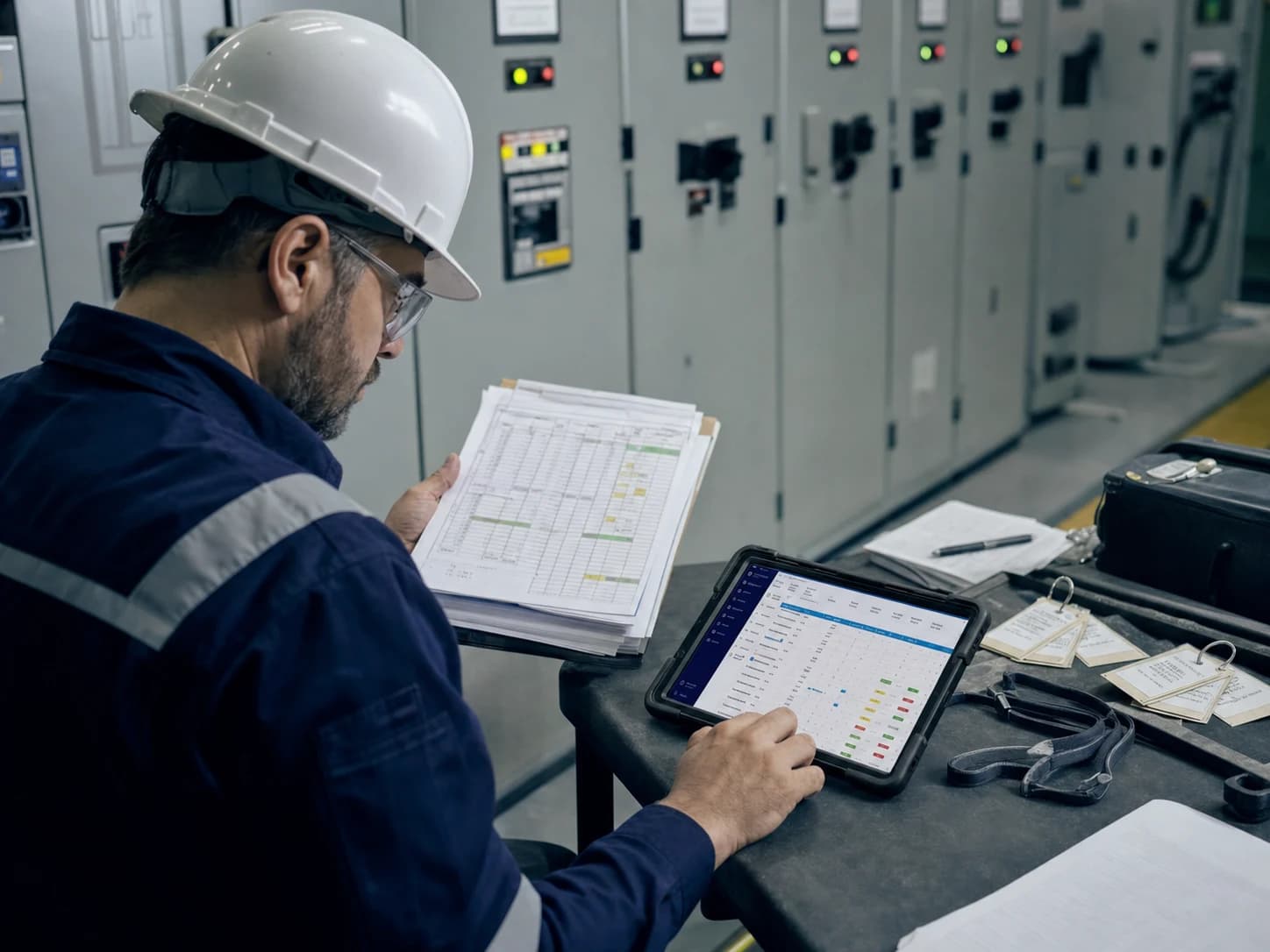 Maintenance supervisor reconciling paper inspections and disconnected digital records Maintenance supervisor reconciling paper inspections and disconnected digital records