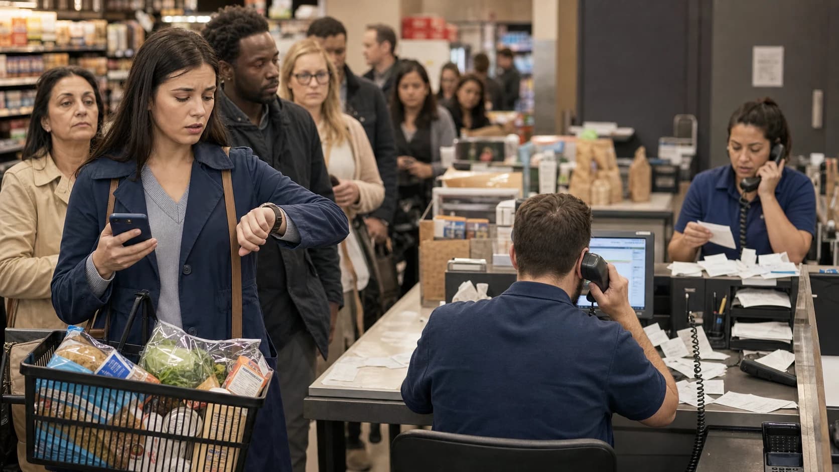 Busy grocery checkout queue and fragmented manual order coordination Busy grocery checkout queue and fragmented manual order coordination