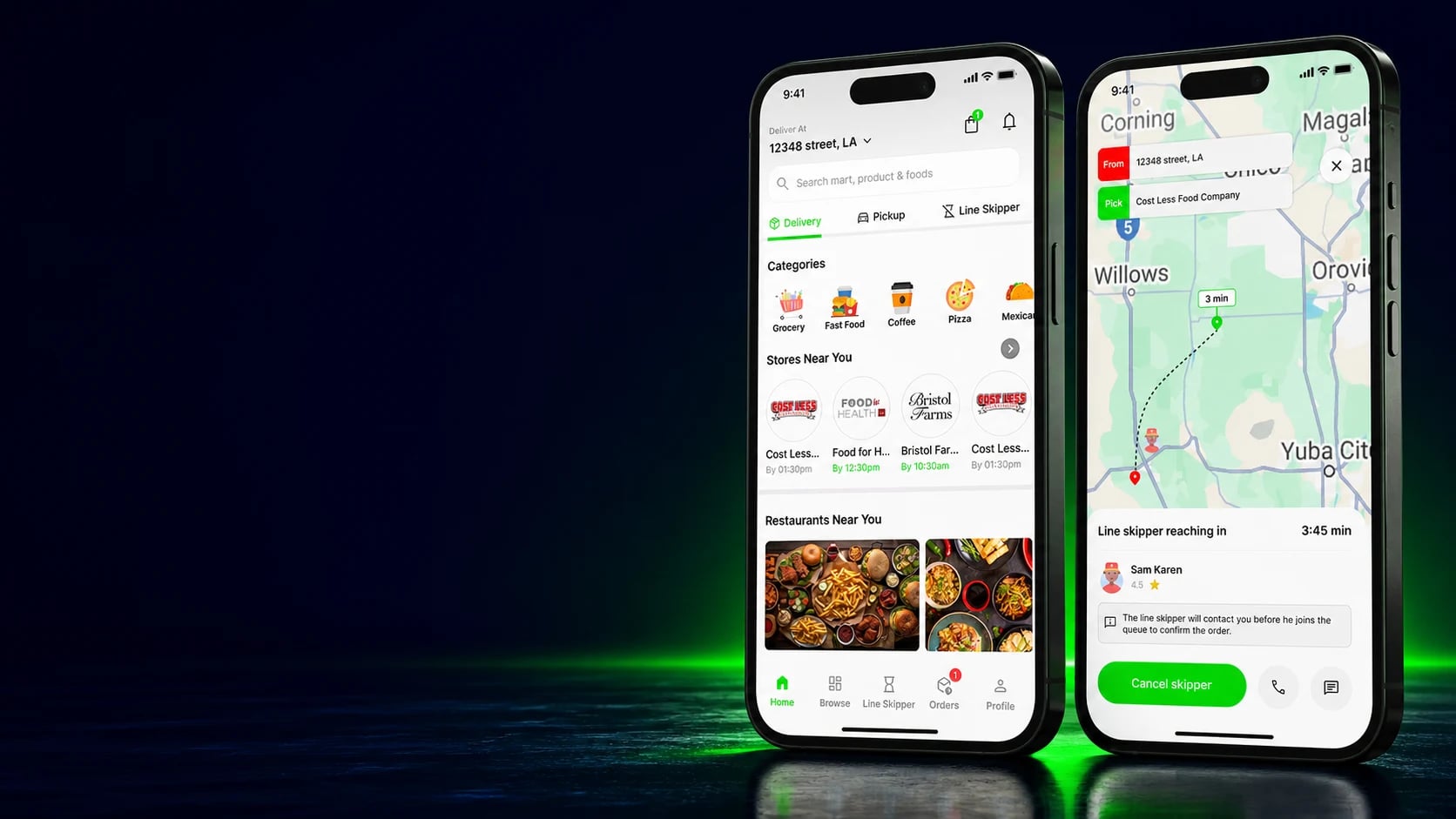 Line It Up customer discovery and live line-skipper tracking screens on mobile devices Line It Up customer discovery and live line-skipper tracking screens on mobile devices