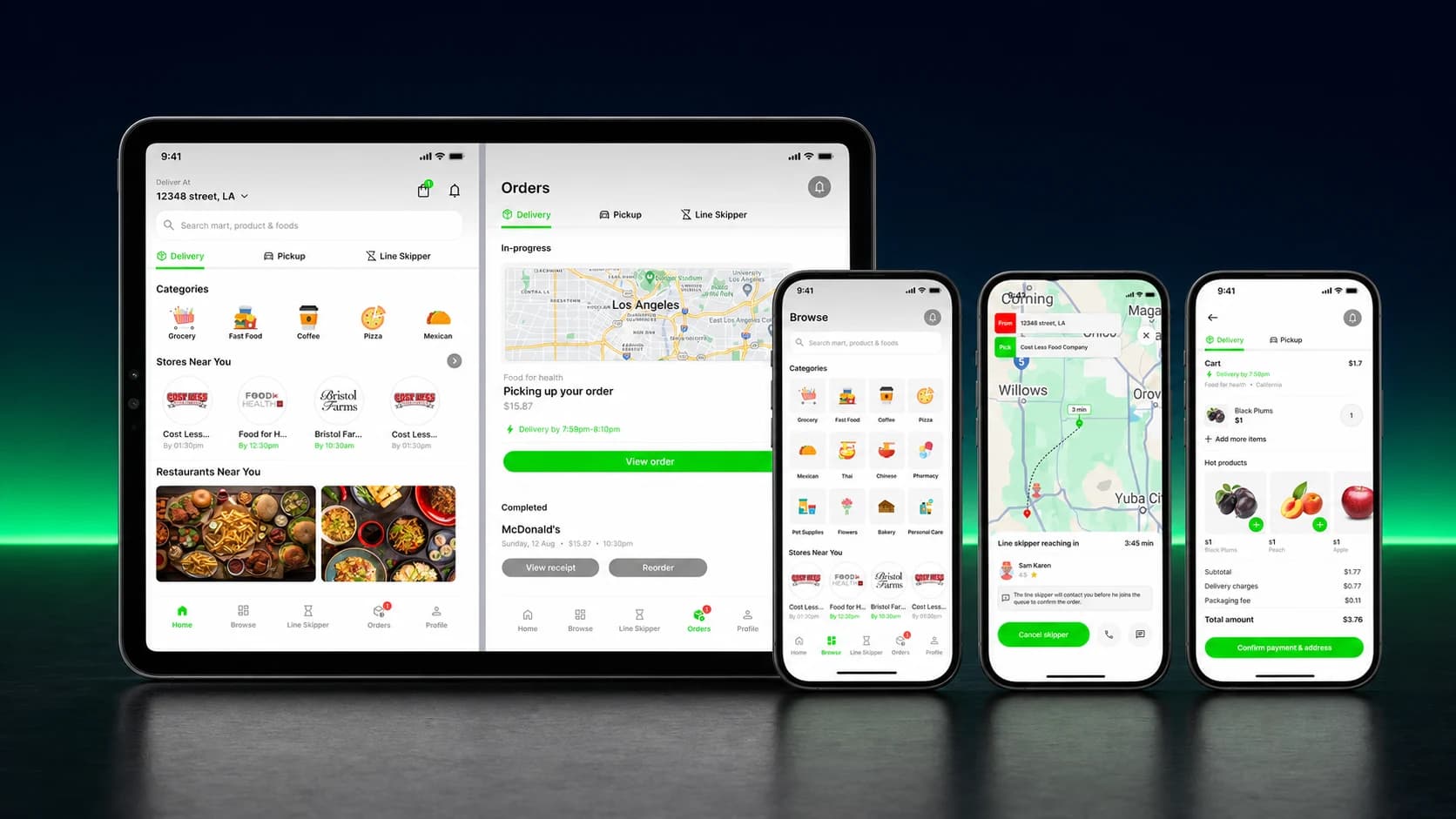 Line It Up discovery, browse, live line-skipper, cart, and order-management screens across mobile and tablet devices Line It Up discovery, browse, live line-skipper, cart, and order-management screens across mobile and tablet devices