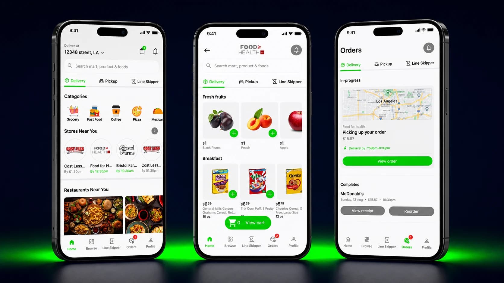 Line It Up mobile journey across store discovery, product selection, and order tracking Line It Up mobile journey across store discovery, product selection, and order tracking