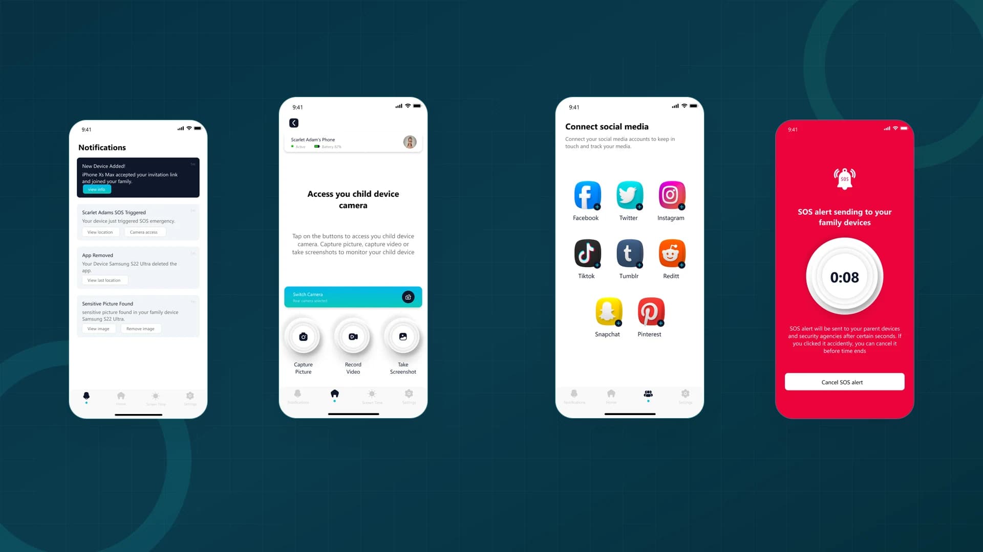 Our LittleBird notifications, remote camera, social media, and SOS feature screens Our LittleBird notifications, remote camera, social media, and SOS feature screens