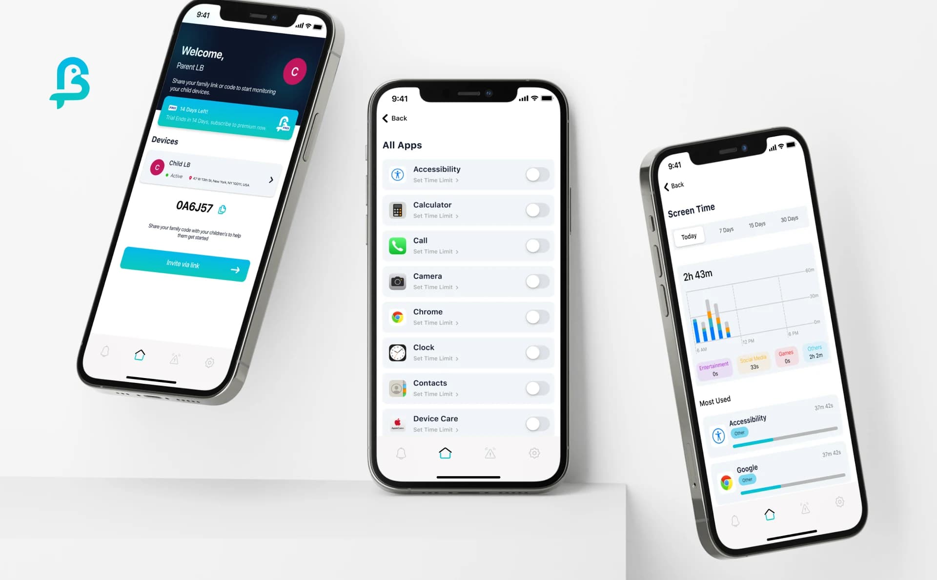 Our LittleBird parent dashboard, app controls, and screen-time monitoring across three phones Our LittleBird parent dashboard, app controls, and screen-time monitoring across three phones