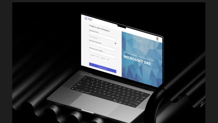 Micro Azure workspace request screen displayed on a laptop in a dark presentation setting Micro Azure workspace request screen displayed on a laptop in a dark presentation setting