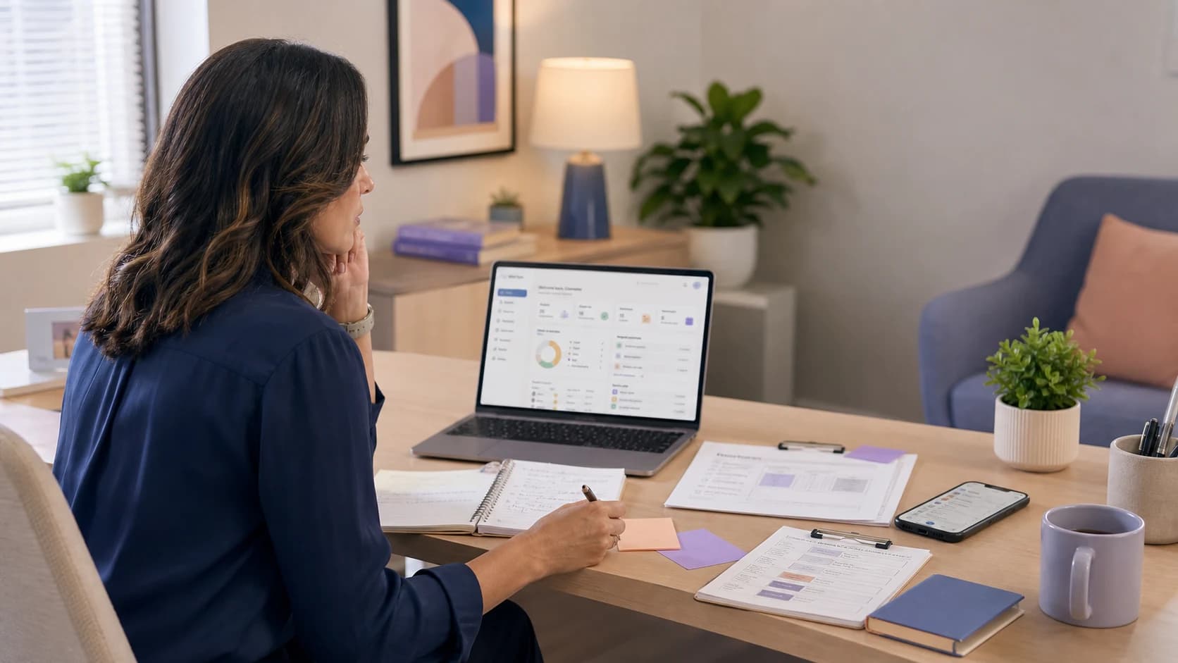 Counselor coordinating digital check-ins with paper worksheets, notes, and messages before a unified workflow Counselor coordinating digital check-ins with paper worksheets, notes, and messages before a unified workflow