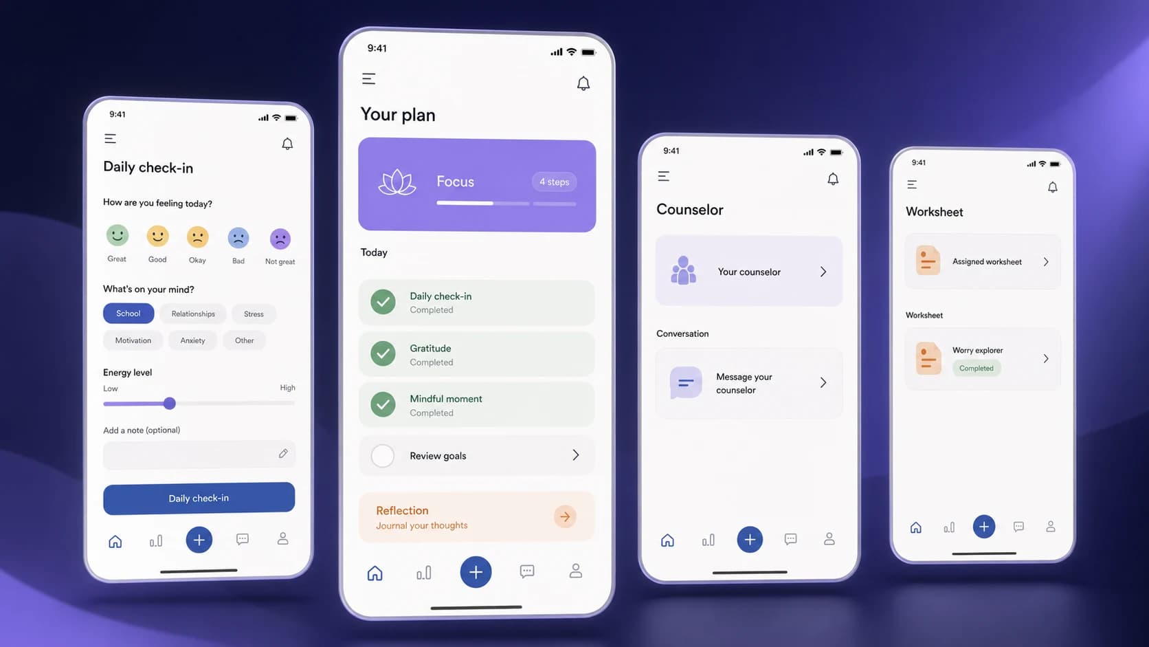 Mind Sync daily check-in, personal plan, counselor, and worksheet feature showcase Mind Sync daily check-in, personal plan, counselor, and worksheet feature showcase