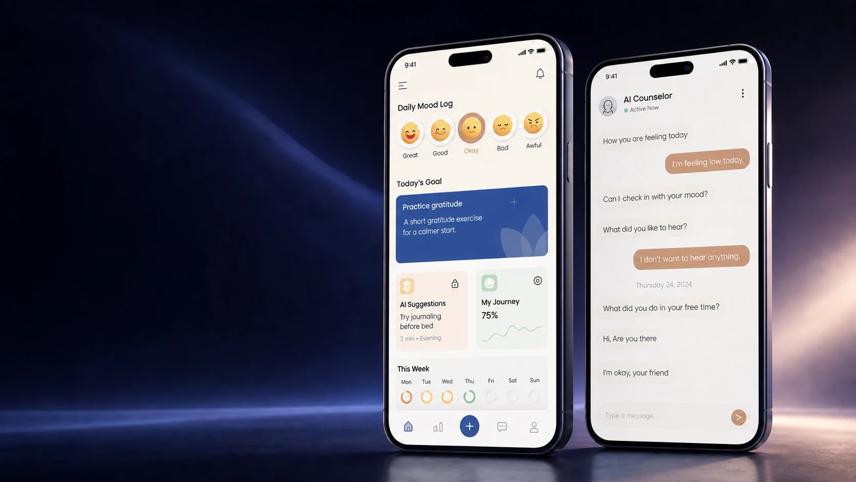 Mind Sync daily mood check-in and AI counselor experience displayed on two phones Mind Sync daily mood check-in and AI counselor experience displayed on two phones