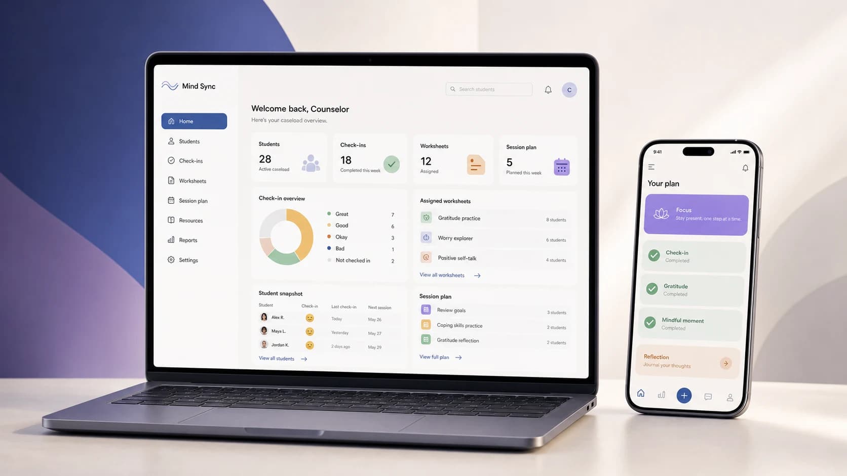 Mind Sync counselor overview dashboard paired with the student's personal plan Mind Sync counselor overview dashboard paired with the student's personal plan