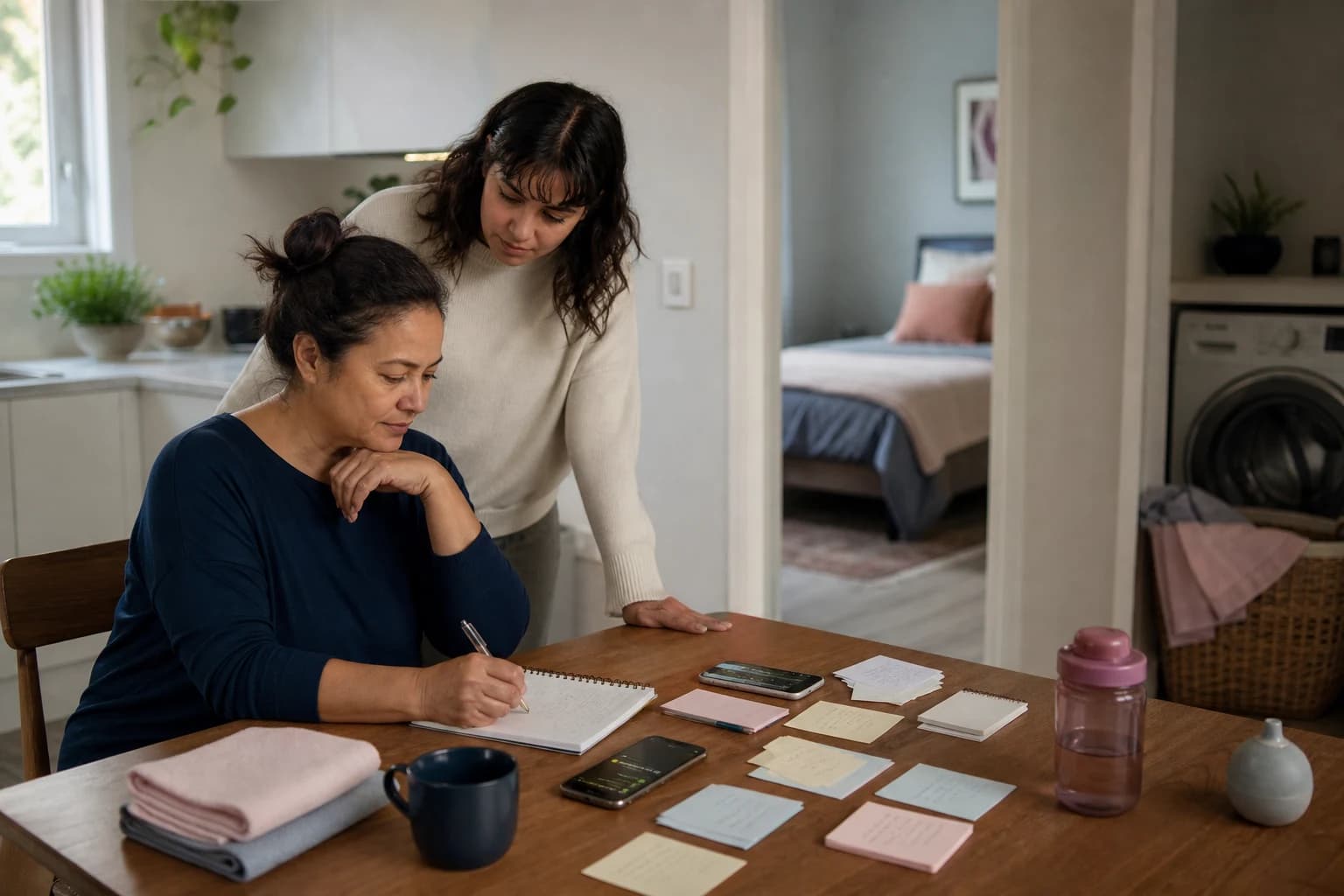 Family members coordinating daily routines across scattered notes and reminders Family members coordinating daily routines across scattered notes and reminders
