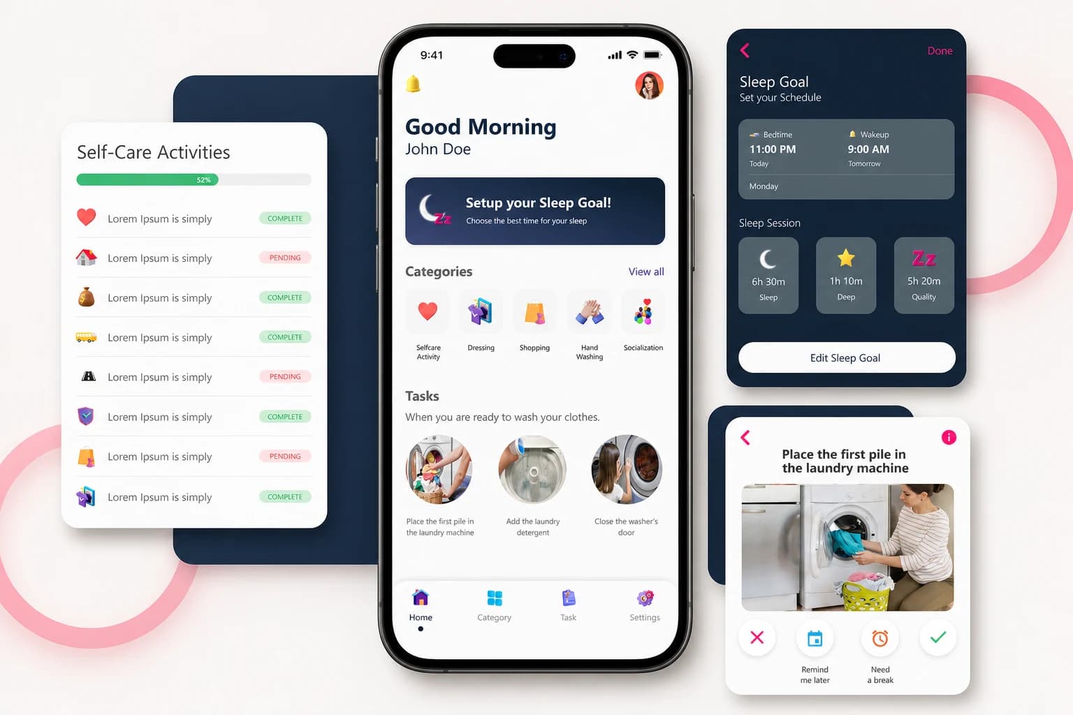 Revme feature showcase for guided tasks, self-care progress, and sleep scheduling Revme feature showcase for guided tasks, self-care progress, and sleep scheduling