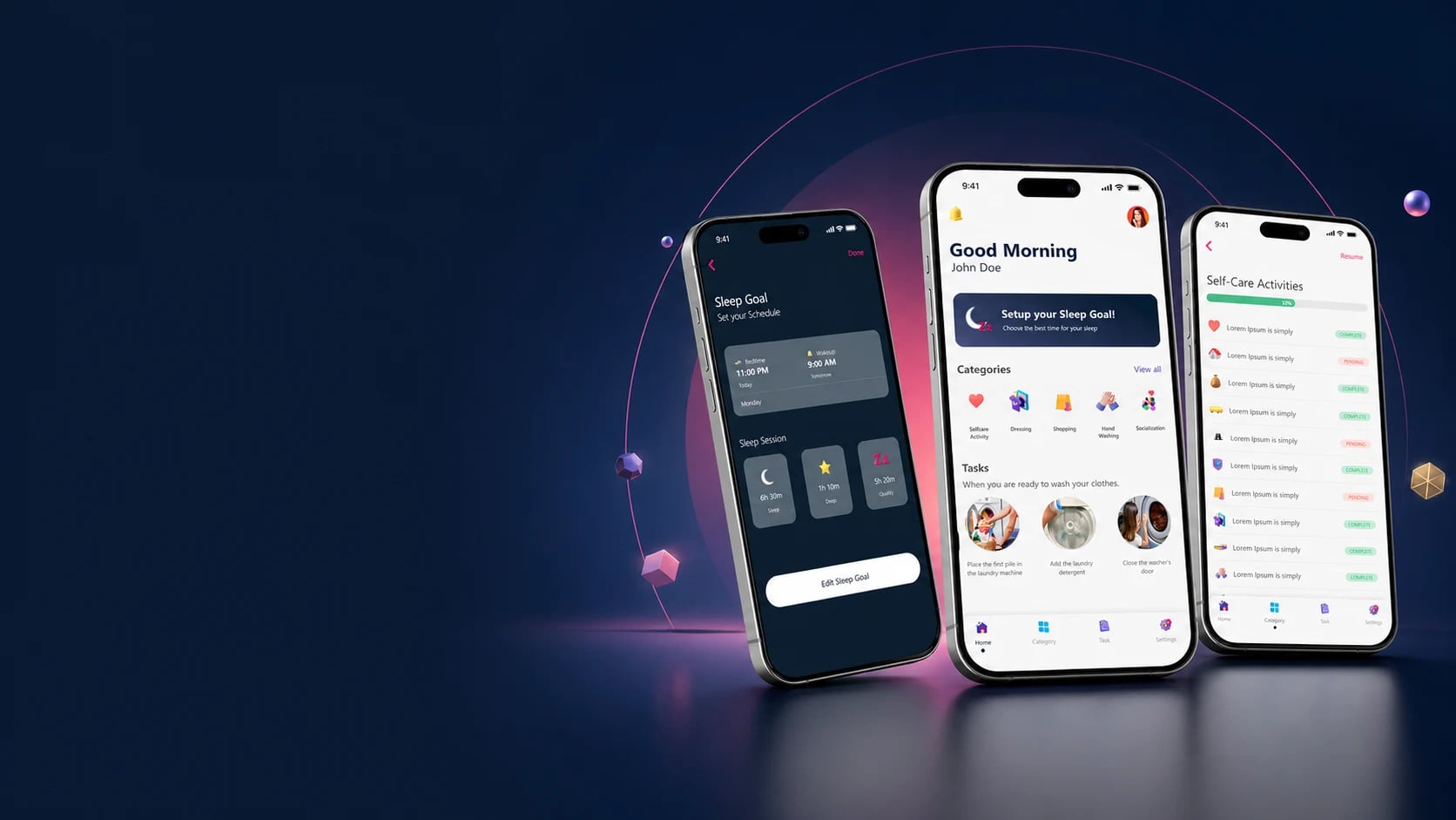 Revme wellbeing app shown across home, sleep goal, and self-care screens Revme wellbeing app shown across home, sleep goal, and self-care screens