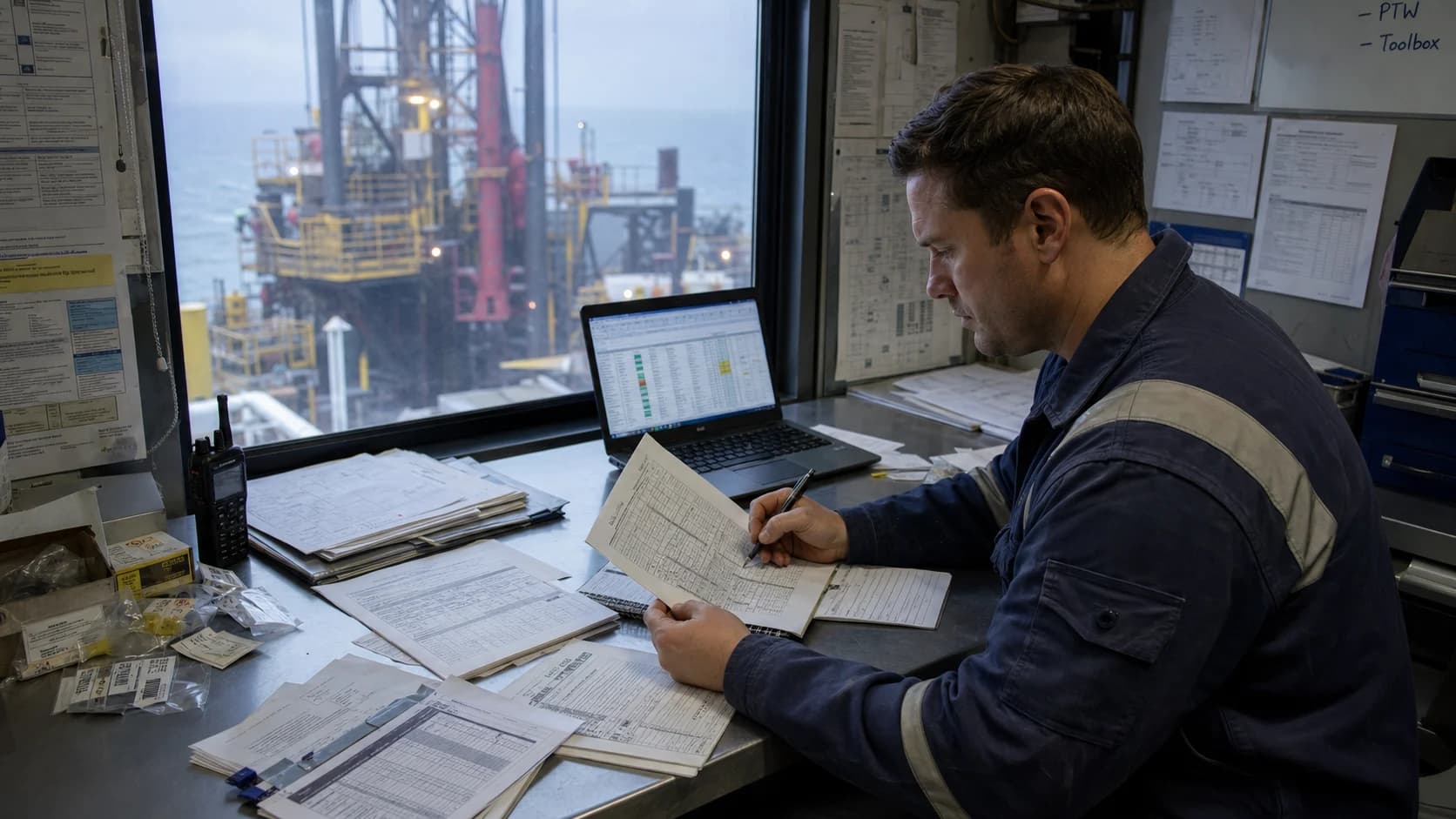 Maintenance coordinator reconciling fragmented equipment records and paper inspection logs Maintenance coordinator reconciling fragmented equipment records and paper inspection logs