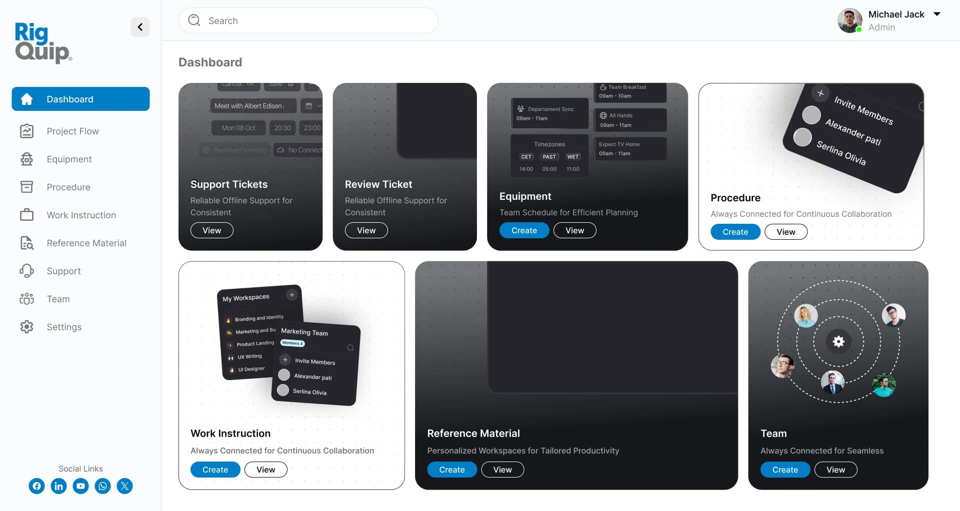 RigQuip dashboard with project, equipment, procedure, work instruction, reference material, support, and team modules RigQuip dashboard with project, equipment, procedure, work instruction, reference material, support, and team modules