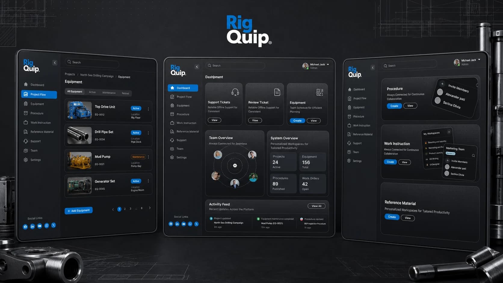 RigQuip feature showcase for equipment, dashboard, procedures, work instructions, and reference material RigQuip feature showcase for equipment, dashboard, procedures, work instructions, and reference material