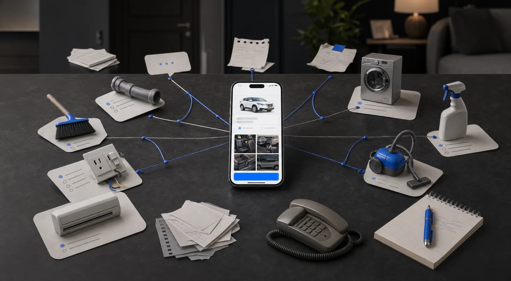 Fragmented home and vehicle service touchpoints converging around one mobile phone Fragmented home and vehicle service touchpoints converging around one mobile phone