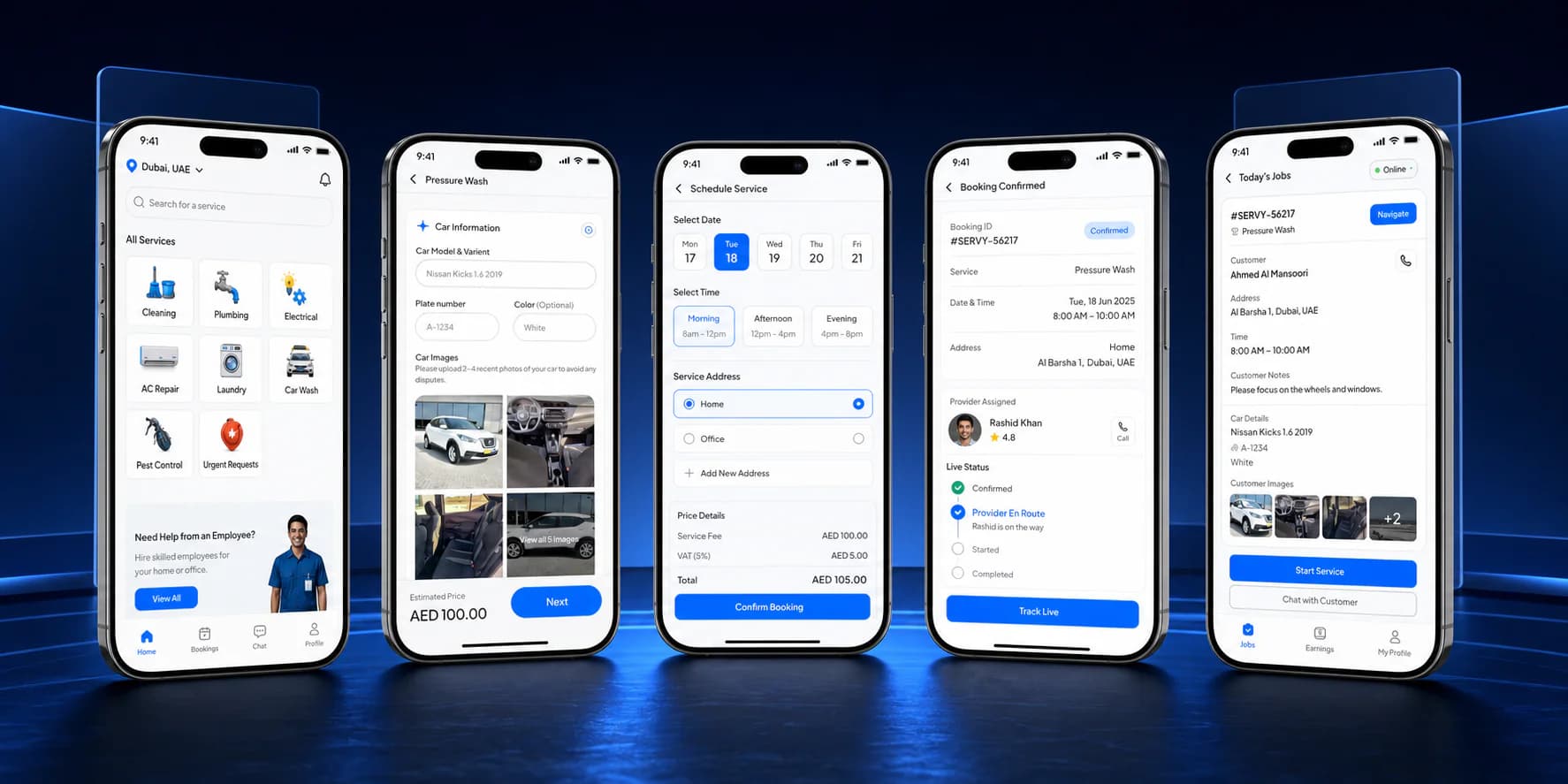 Servy service discovery, job intake, scheduling, booking status, and professional task screens Servy service discovery, job intake, scheduling, booking status, and professional task screens