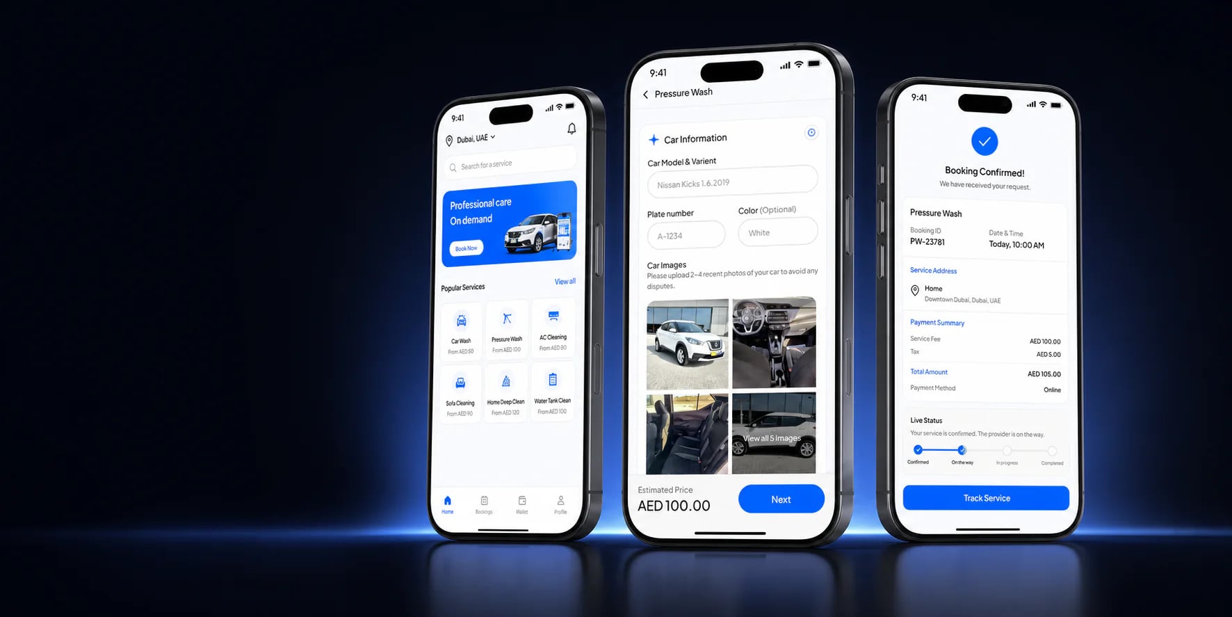 Servy discovery, pressure-wash booking, and confirmed-service screens on three mobile phones Servy discovery, pressure-wash booking, and confirmed-service screens on three mobile phones