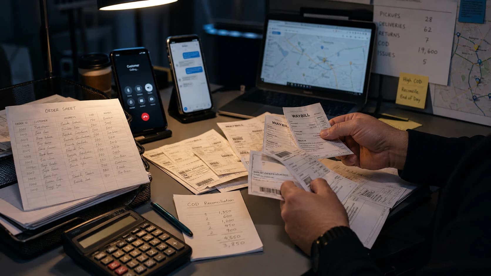 Fragmented courier operations using calls, paper waybills, maps, and manual COD reconciliation Fragmented courier operations using calls, paper waybills, maps, and manual COD reconciliation