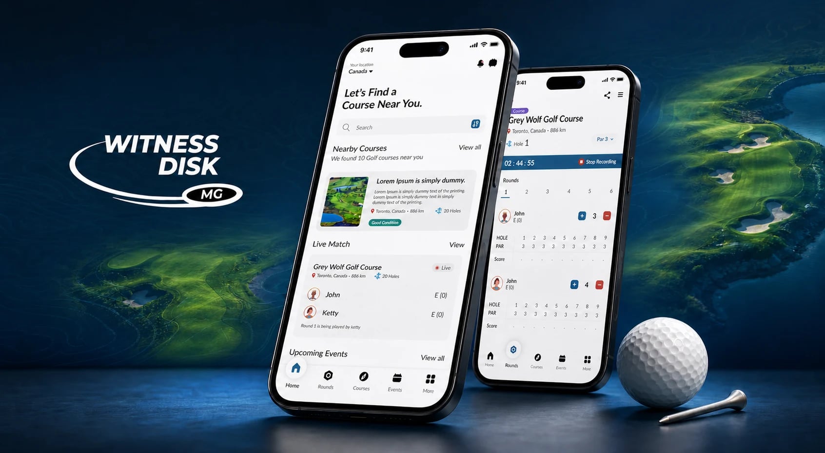 Witness Disk golf course discovery and live scorecard screens in a premium product presentation Witness Disk golf course discovery and live scorecard screens in a premium product presentation