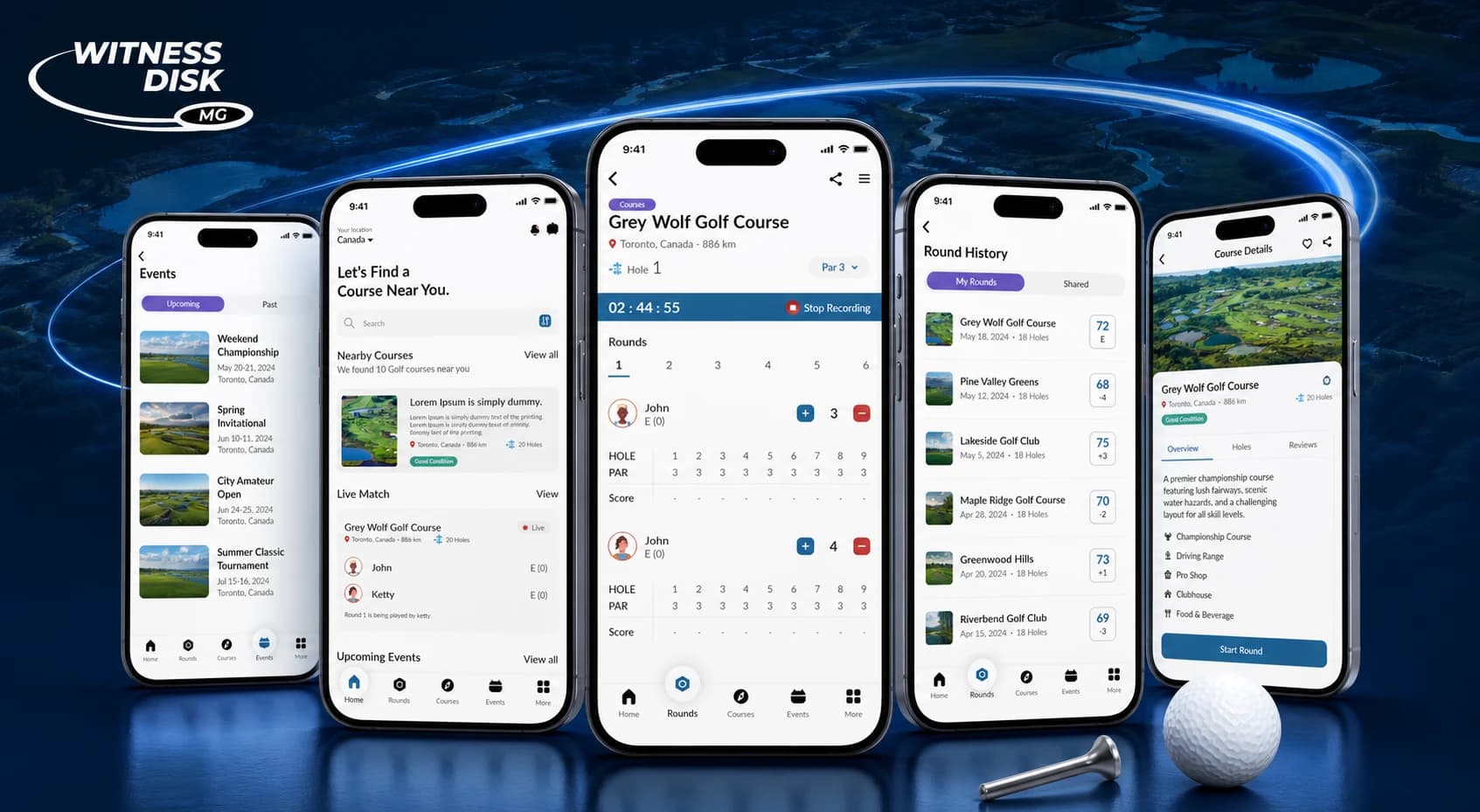 Witness Disk course discovery, live score, events, history, and course detail screens across five mobile devices Witness Disk course discovery, live score, events, history, and course detail screens across five mobile devices