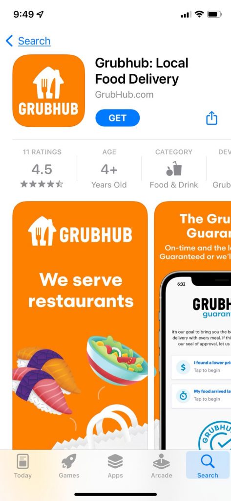 Grubhub food delivery app US